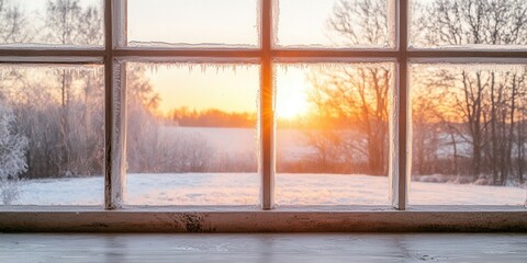 Naklejka premium Cozy Winter Sunrise Through a Frosted Window – Peaceful Winter Morning Scene. from windowsill. Marry Christmas and Happy New Year. 