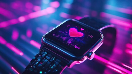 A smartwatch with a heart rate monitor displayed on the screen. The smartwatch is set against a background of neon lights.