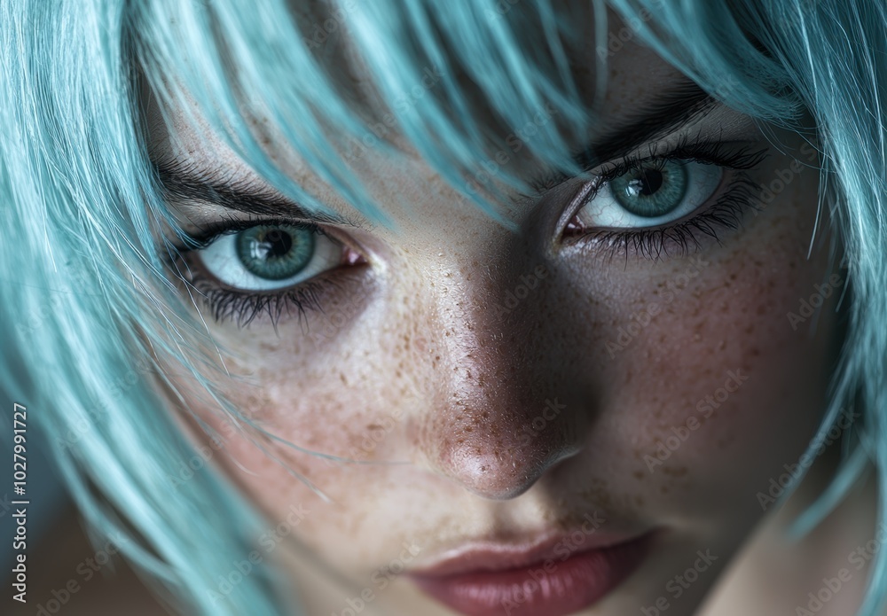 Poster Closeup portrait of woman with striking blue eyes and teal hair