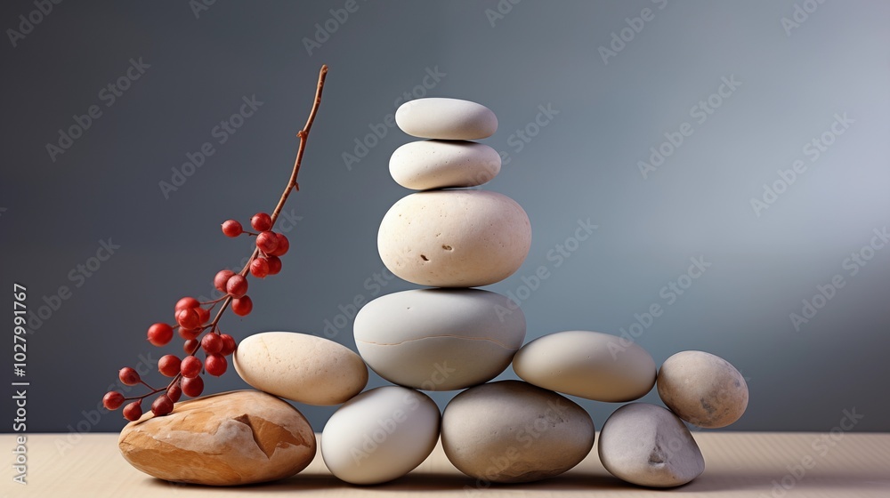 Wall mural pebbles balancing on white plank on round stone with shade and placed on rock on gray surface agains