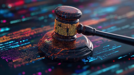 A gavel rests on a digital background of binary code, representing the intersection of law and technology.