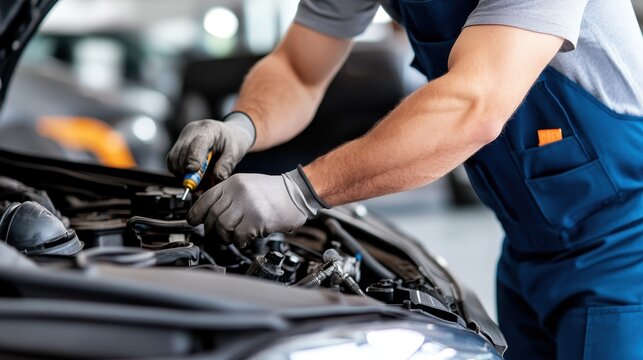 A professional mechanic, clad in uniform, carefully diagnoses a vehicle engine in a modern workspace, embodying the commitment and expertise inherent in car maintenance.