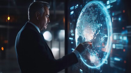 A businessman interacts with a digital globe on a large touchscreen, analyzing data and global connections.