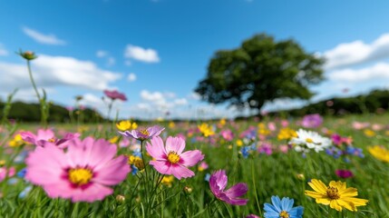 Fototapeta premium Vibrant wildflower meadow under blue sky