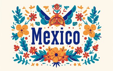 the Text "México" Surrounded by a Colorful Mexican-Style Pattern of Flowers and Birds on a White Background.