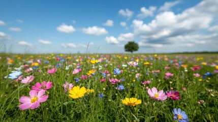 Obraz premium Vibrant wildflower meadow under a blue sky