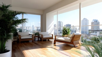 A chic balcony interior with soft seating captures a panoramic city view, enhancing the space's elegance and inviting relaxation amidst city life's bustling backdrop.