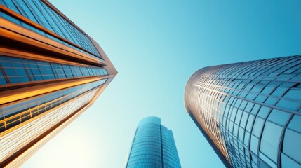 The photo depicts a low angle view of sleek, futuristic glass skyscrapers under a clear sky, symbolizing innovation and modern urban design principles.