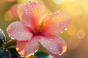 Fototapeta premium A pink flower with dew drops on it