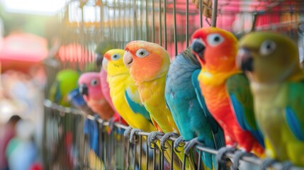 A variety of brightly colored parrots sit together in their large cage, showcasing their vibrant feathers in a lively market setting. Generative AI