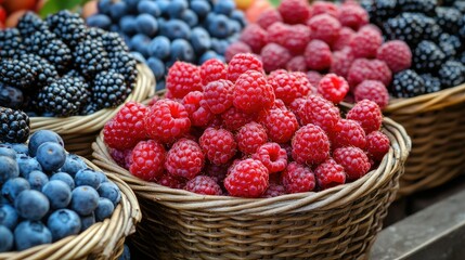 Fresh Berries in Rustic Baskets at Market Stand