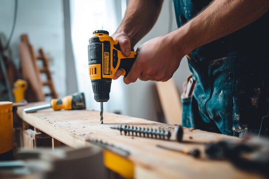 A man is using a drill to make a hole in a piece of wood