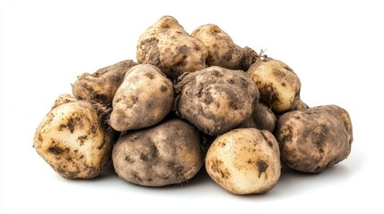 Fresh Unwashed Potatoes Piled on White Background