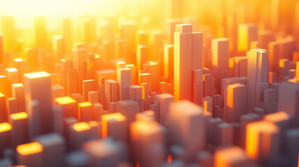 A Captivating Illustration of a Geometric Minimalist City Illuminated by Warm Sunset Light