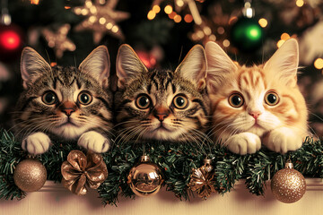 Christmas wallpaper with adorable cats wearing knit sweaters, a Christmas tree in the backdrop, with bokeh effects