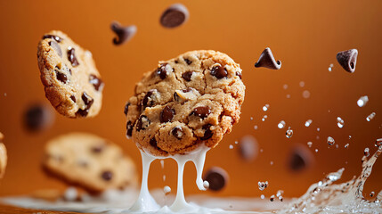 A Captivating Display of Floating Cookie Pieces Surrounded by Milk Splashes and Chocolate Chips on a Vibrant Orange Background