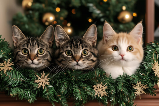 Christmas wallpaper with adorable cats wearing knit sweaters, a Christmas tree in the backdrop, with bokeh effects