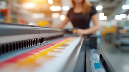 A large format printer is actively printing vivid color prints. In the background, a person is barely visible, focusing on the printing process with dedication.