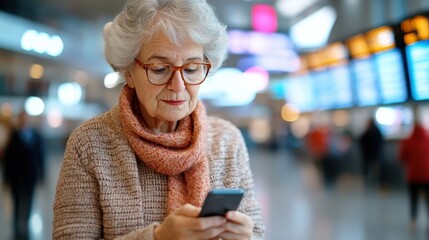 A thoughtful elderly woman uses her smartphone in a vibrant airport setting, symbolizing the embrace of technology in modern travel and connection landscapes.