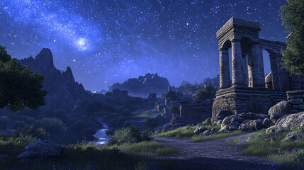 A Captivating Nighttime Vista of Cyrodiil with Glittering Stars and Timeless Ancient Structures