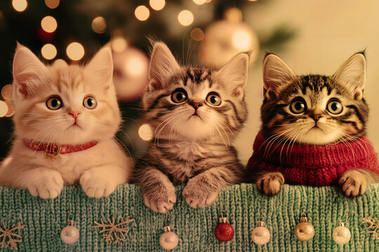 Fototapeta Christmas wallpaper with adorable baby cats wearing knit sweaters, a Christmas tree in the backdrop, with bokeh effects