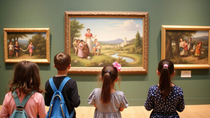 Сhildren at museum. International Museum Day poster- Enfants au musée. Opération "La Nuit des musées" en France. Journée internationale des musées