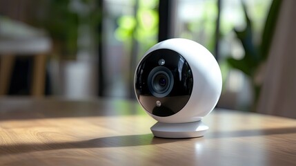 Smart home security camera on wooden table