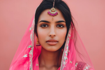 A woman wearing a pink sari with a gold and pink headpiece