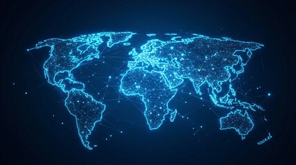 A Digital Illustration of the World Map with a Glowing Blue Network of Lines and Points