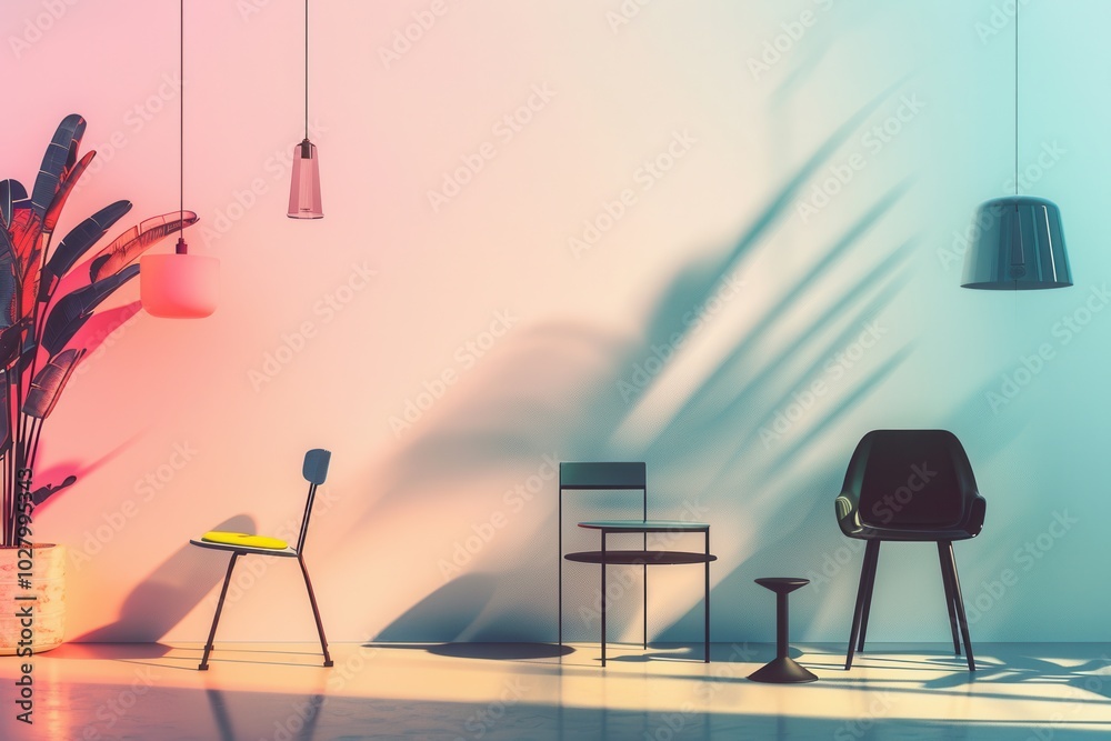 Poster various silhouettes of contemporary furniture pieces are displayed against a soft gradient backdrop,