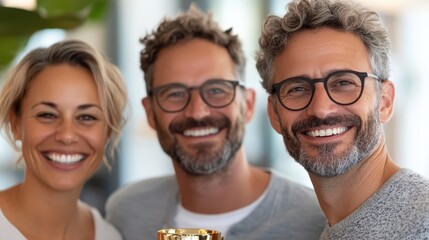 Smiling man and woman with another man holding a trophy, suggesting shared success and happiness, all wearing glasses and in a modern, bright interior setting.
