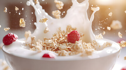 A Mesmerizing Breakfast: The Art of Muesli and Milk Splashing into a Bowl