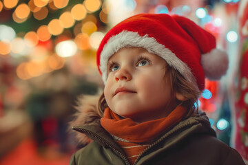 A young girl wearing a red hat and a green jacket is looking up at the camera