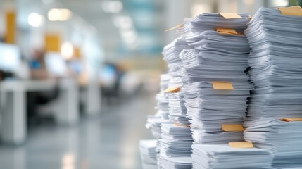 Numerous piles of paper with sticky notes attached line a desk in an open office environment, illustrating heavy workloads and organizational needs.