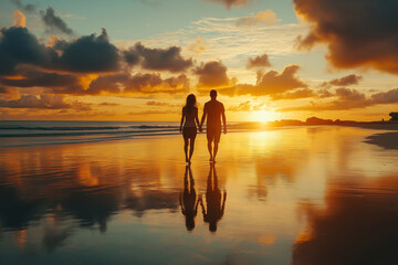 A couple is walking on the beach at sunset