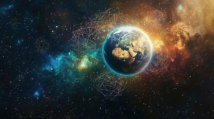 Obraz premium A stunning photograph of Earth surrounded by a cosmic backdrop of twinkling stars and intricate constellations, overlaid with a complex web of celestial pathways