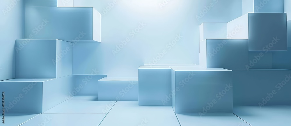 Poster abstract minimalist blue room with cubes forming a path leading to a light source
