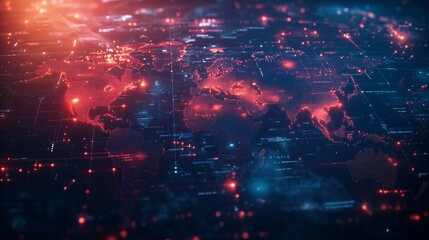 Obraz premium Digital World Map with Red Glowing Dots and Lines