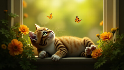 An Adorable Cat Lounging on a Windowsill Surrounded by Blooming Flowers and Watching Butterflies in the Warm Afternoon Sun