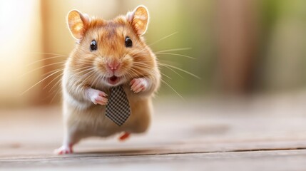 Fototapeta premium This adorable hamster sports a stylish tie, frozen mid-sprint, highlighting humor and charm in motion captured with a blurred street setting in the background.