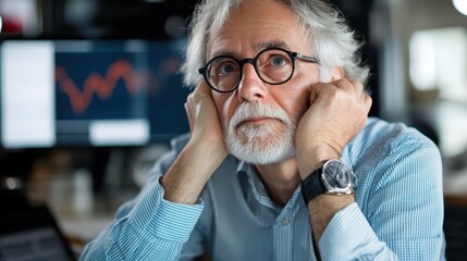 A senior, thoughtful man rests his chin on his hands, deeply absorbed in analyzing fluctuating stock market trends on digital screens at the office.