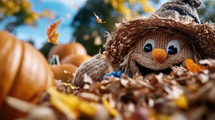 Obraz premium A delightful stuffed scarecrow with big eyes sits surrounded by vibrant autumn leaves and pumpkins, representing playfulness, harvest, and seasonal change.