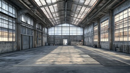 Spacious Industrial Warehouse Interior with Natural Light