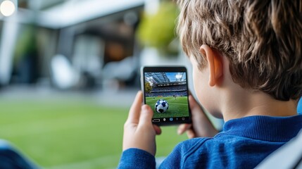 A young child captures an image of a soccer ball with a smartphone, showcasing modern technology and a passion for sports in a stadium setting.