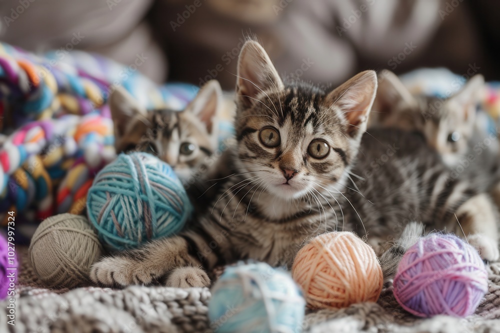 Poster Three playful kittens enjoy batting and pouncing on vibrant yarn balls in a comfortable indoor space filled with soft textures. Generative AI