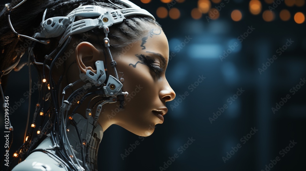 Wall mural side view of pensive cyborg character with illuminated dots and wires with cables looking away again