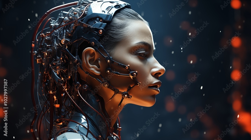 Wall mural side view of pensive cyborg character with illuminated dots and wires with cables looking away again