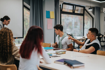 Students actively participate in a group discussion with their teacher in a modern classroom. The scene reflects collaborative learning and engagement in an educational environment.