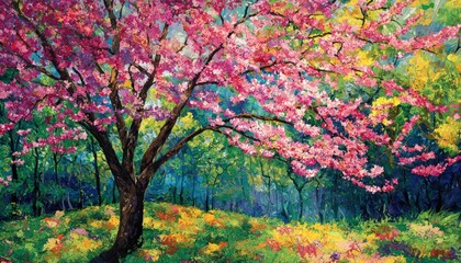 Vivid depiction a tree in full spring bloom, with colorful woods and lush foliage, capturing the vibrant and picturesque nature the season.