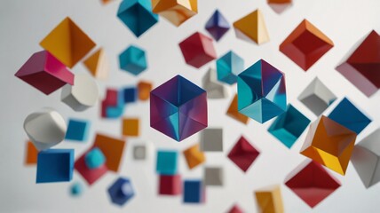 Abstract 3D Geometric Shapes Floating in Mid-Air, Surrounded by Soft, Diffused Light on a White Background.